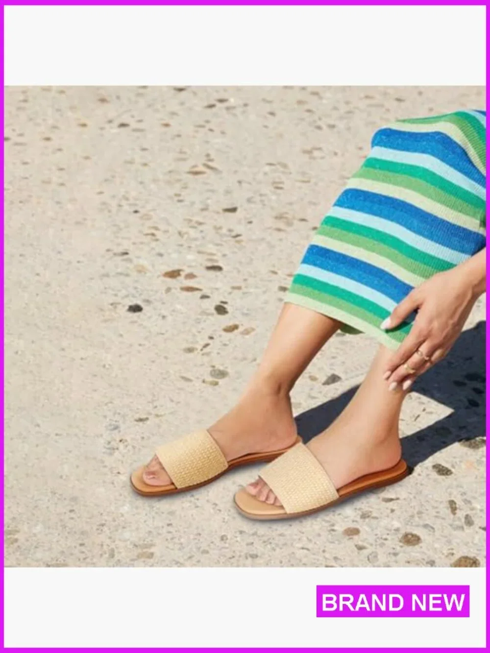Raffia Slide Sandals Woven Flat Slip-On Open Toe Summer Casual Dressy